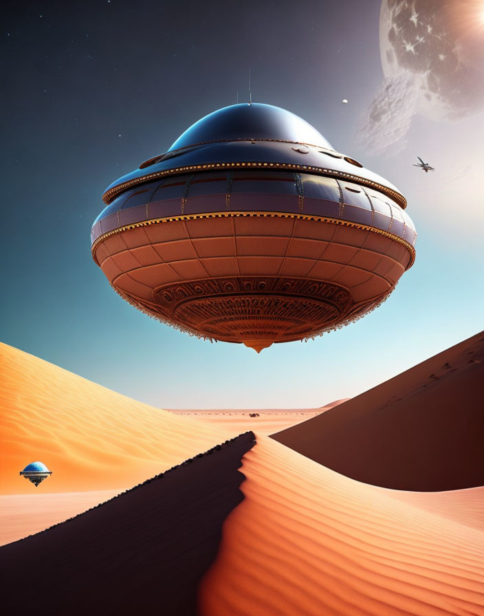 Futuristic airship above desert with dunes, orange to blue sky, distant planet.