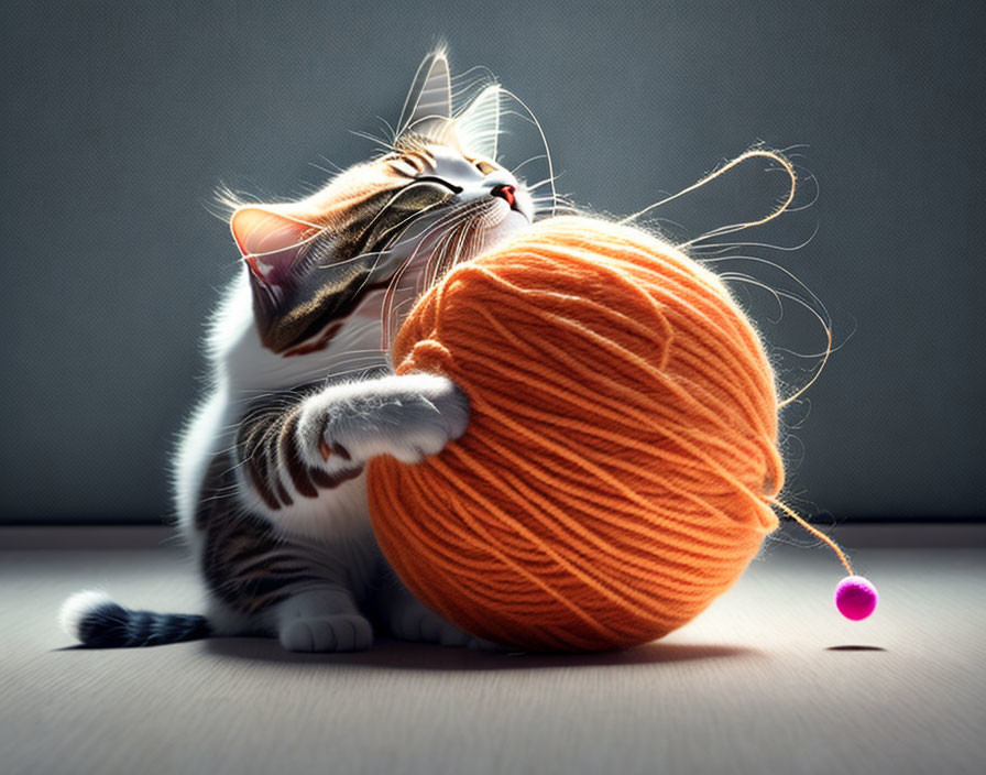 Brown and White Cat Playing with Orange Yarn Ball on Gray Background