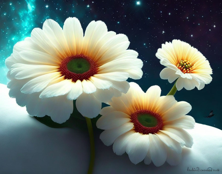 Three white daisies with yellow centers and burgundy rings on starry night sky backdrop