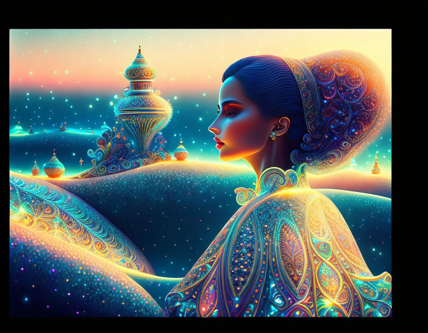 Colorful digital illustration of a woman profile with intricate attire against fantasy backdrop.