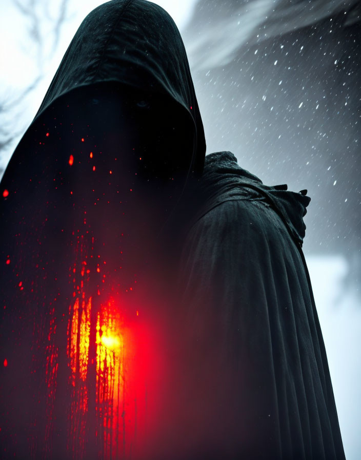 Cloaked figure in falling snow under red light on dark backdrop