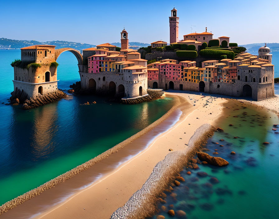 Colorful Coastal Fortified Town with Sandy Beach and Turquoise Water