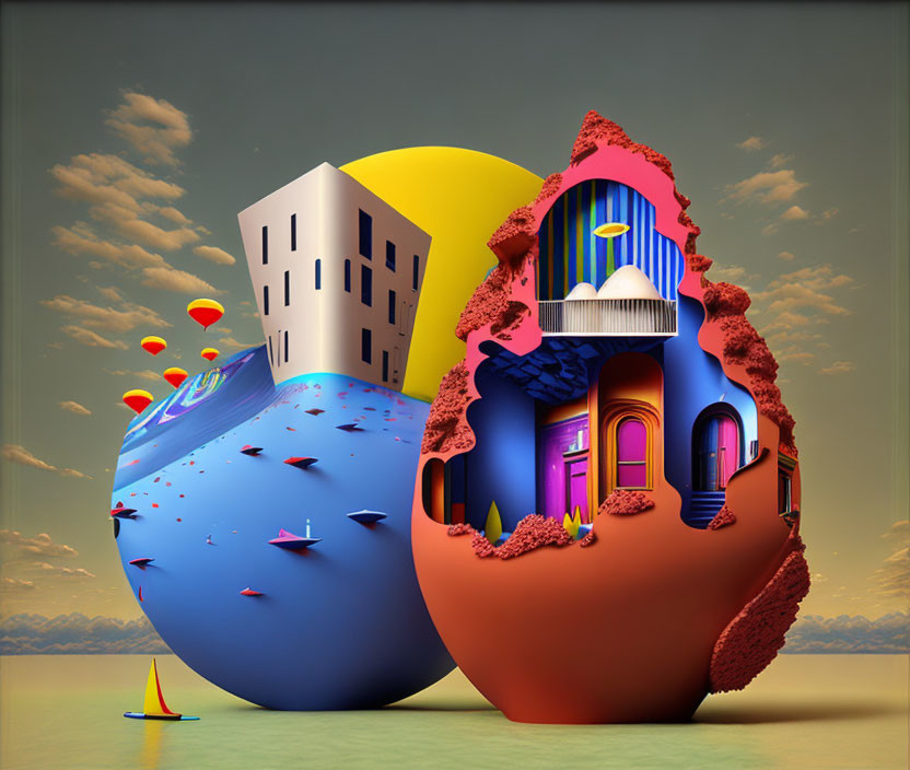 Surreal image: Cracked eggs reveal colorful buildings in desert landscape