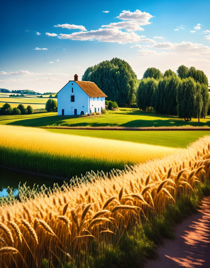 White House Surrounded by Wheat Fields and Trees