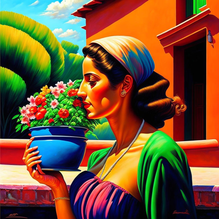 Colorful painting of woman with blue pot & flowers in surreal landscape