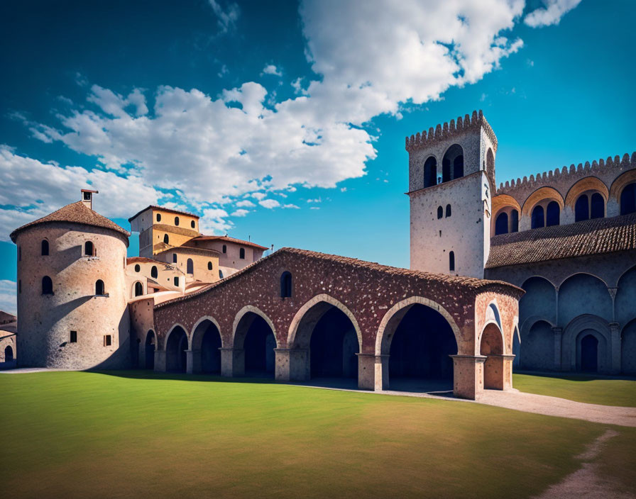 Medieval courtyard with stone buildings, arches, and tower in serene setting