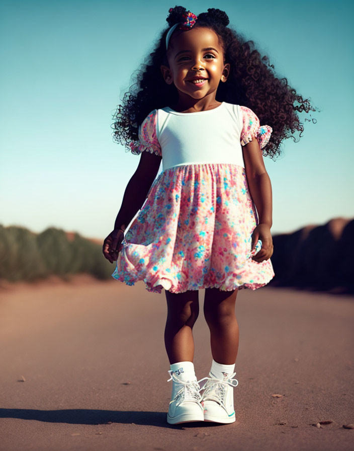 Curly-Haired Girl in White and Pink Dress on Path