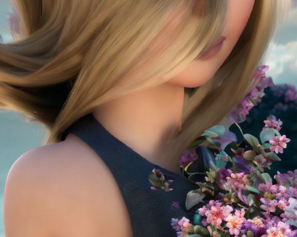 Blond-Haired 3D Animated Girl Holding Lilac Flowers in Side Profile