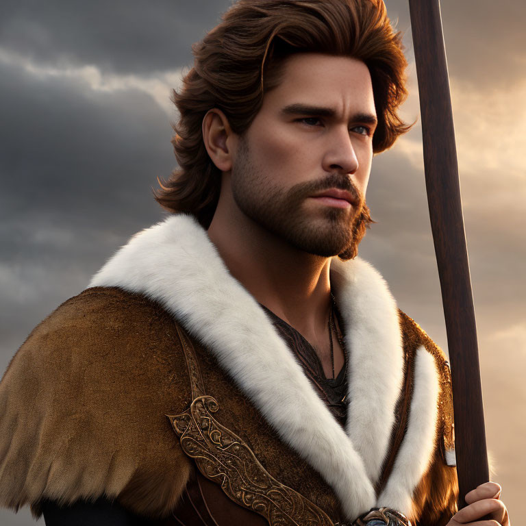 Male animated character with strong jaw, mustache, long brown hair, fur-trimmed cloak,