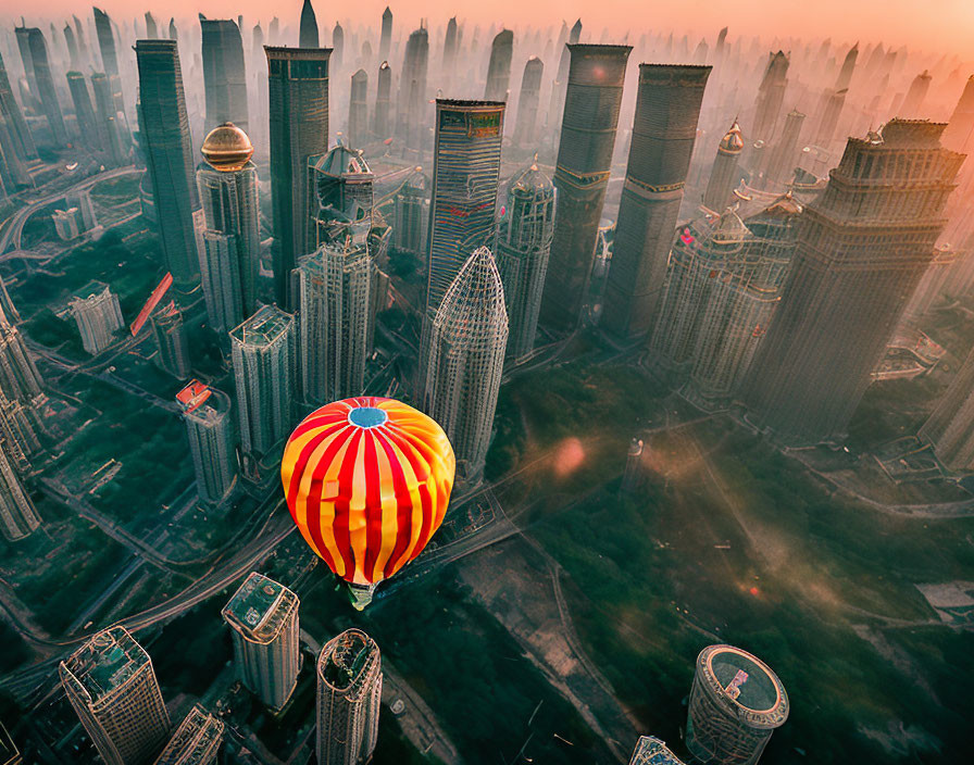 Hot air balloon flying over misty cityscape at dawn with sunlight illuminating skyscrapers