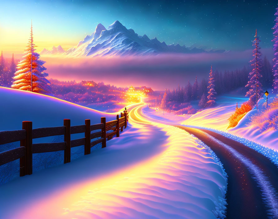 Snow-covered road winding through serene winter landscape at twilight