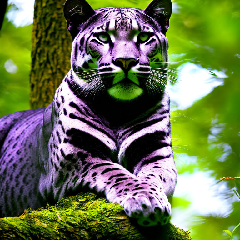 Purple and White Tiger Resting on Mossy Branch in Lush Forest