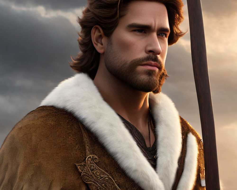 Male animated character with strong jaw, mustache, long brown hair, fur-trimmed cloak,