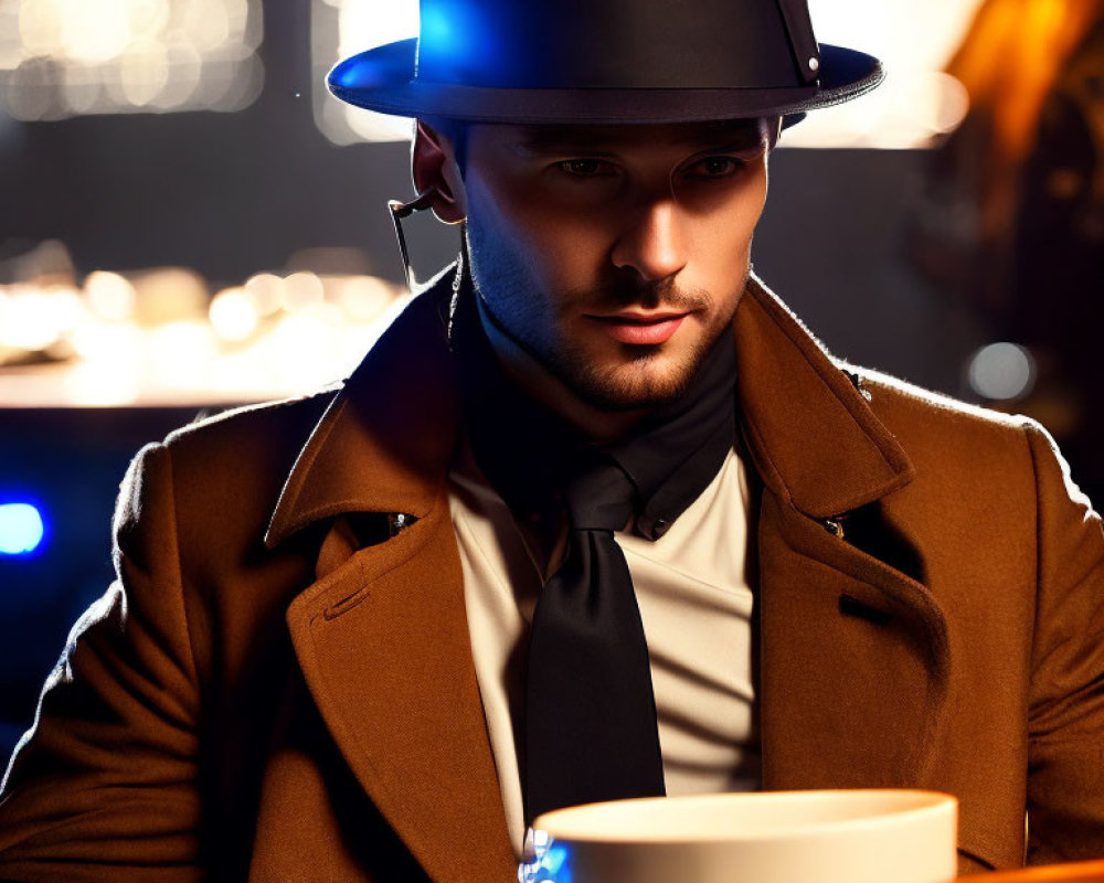 Man in Fedora Hat and Trench Coat at Bar with Coffee