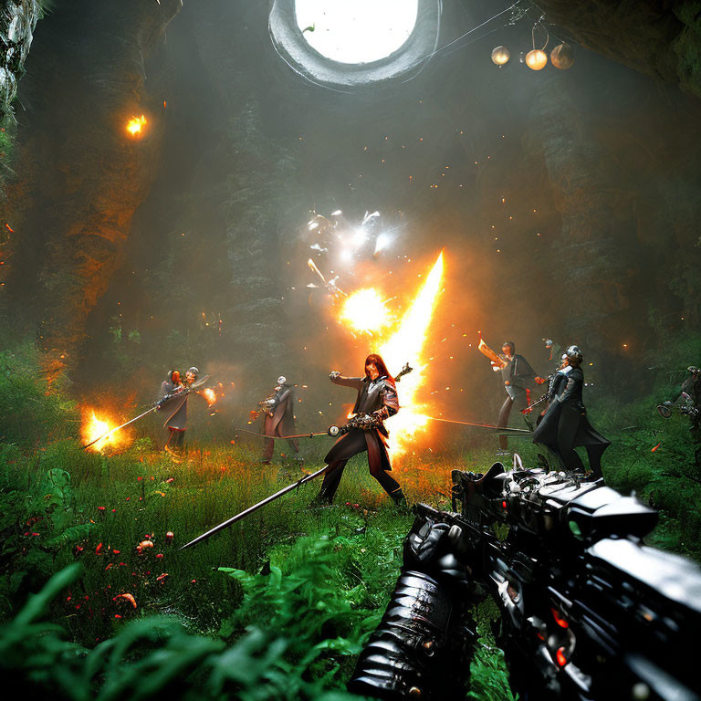 Sci-fi battle scene in lush cave with futuristic weapon firing and explosions