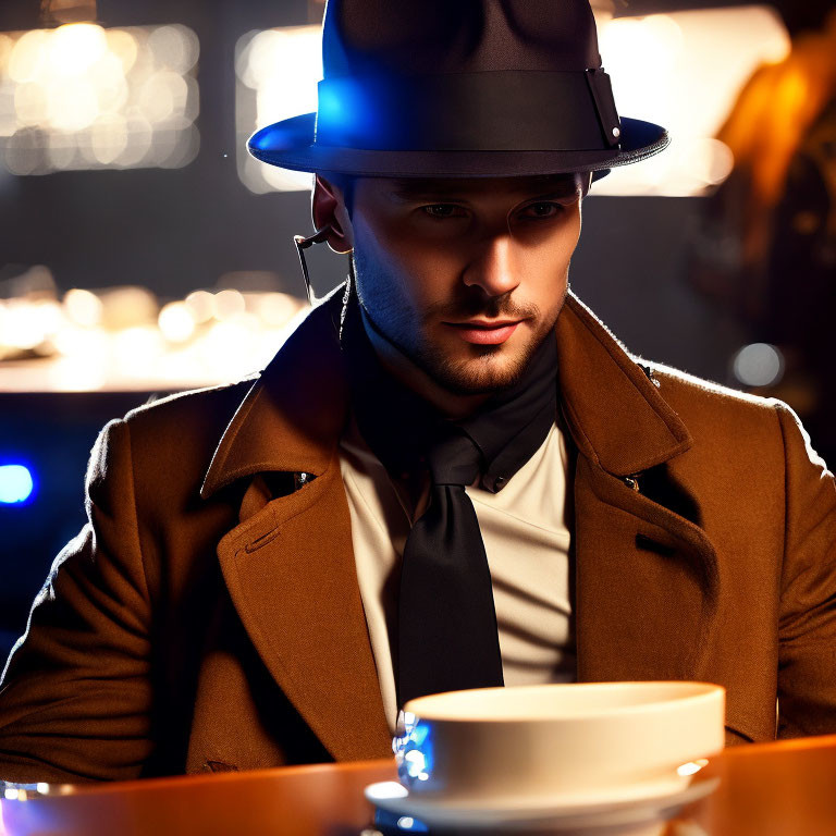 Man in Fedora Hat and Trench Coat at Bar with Coffee