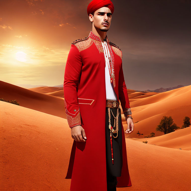 Man in red traditional outfit and turban in desert sunset scene