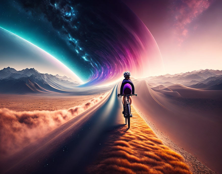 Cyclist on desert road with mountains under surreal sky