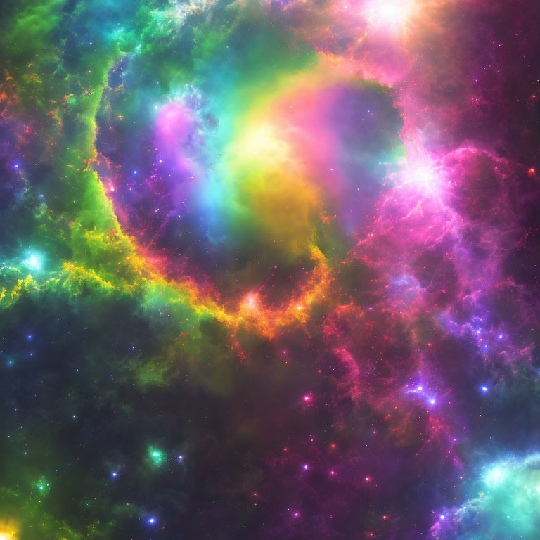 Colorful Swirling Nebula in Green, Pink, Purple, and Yellow