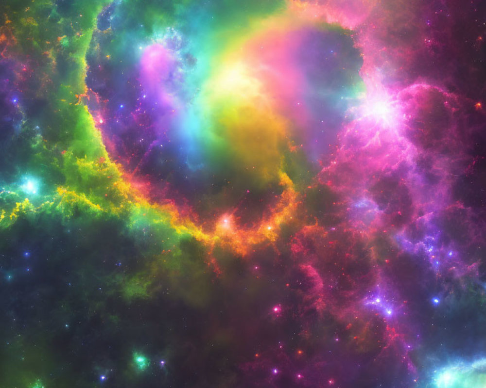 Colorful Swirling Nebula in Green, Pink, Purple, and Yellow