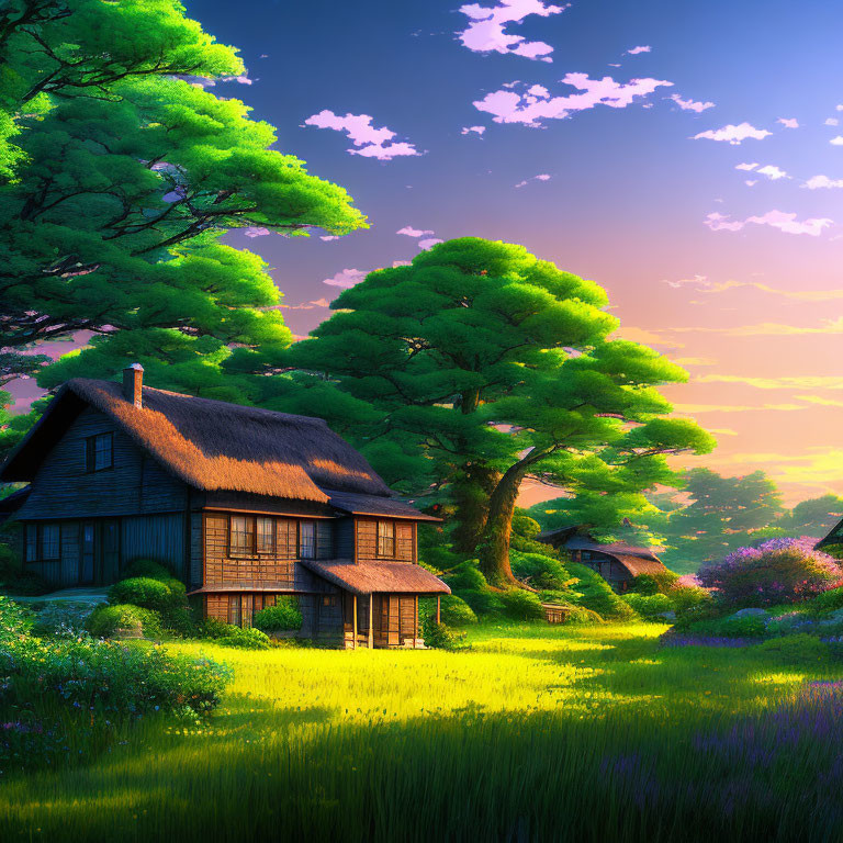 Tranquil countryside sunset with thatched-roof house and lush flora