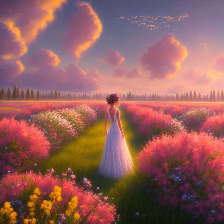 Woman in white dress with flower crown walks through vibrant field at sunset