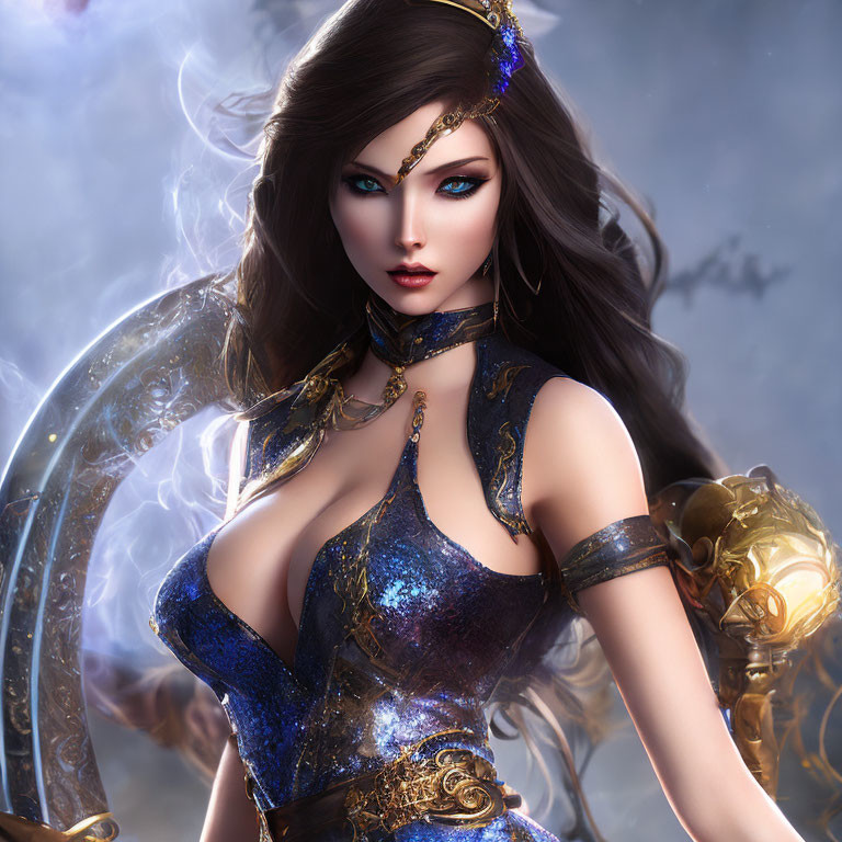 Animated female warrior with brown hair in blue and gold armor ready for battle