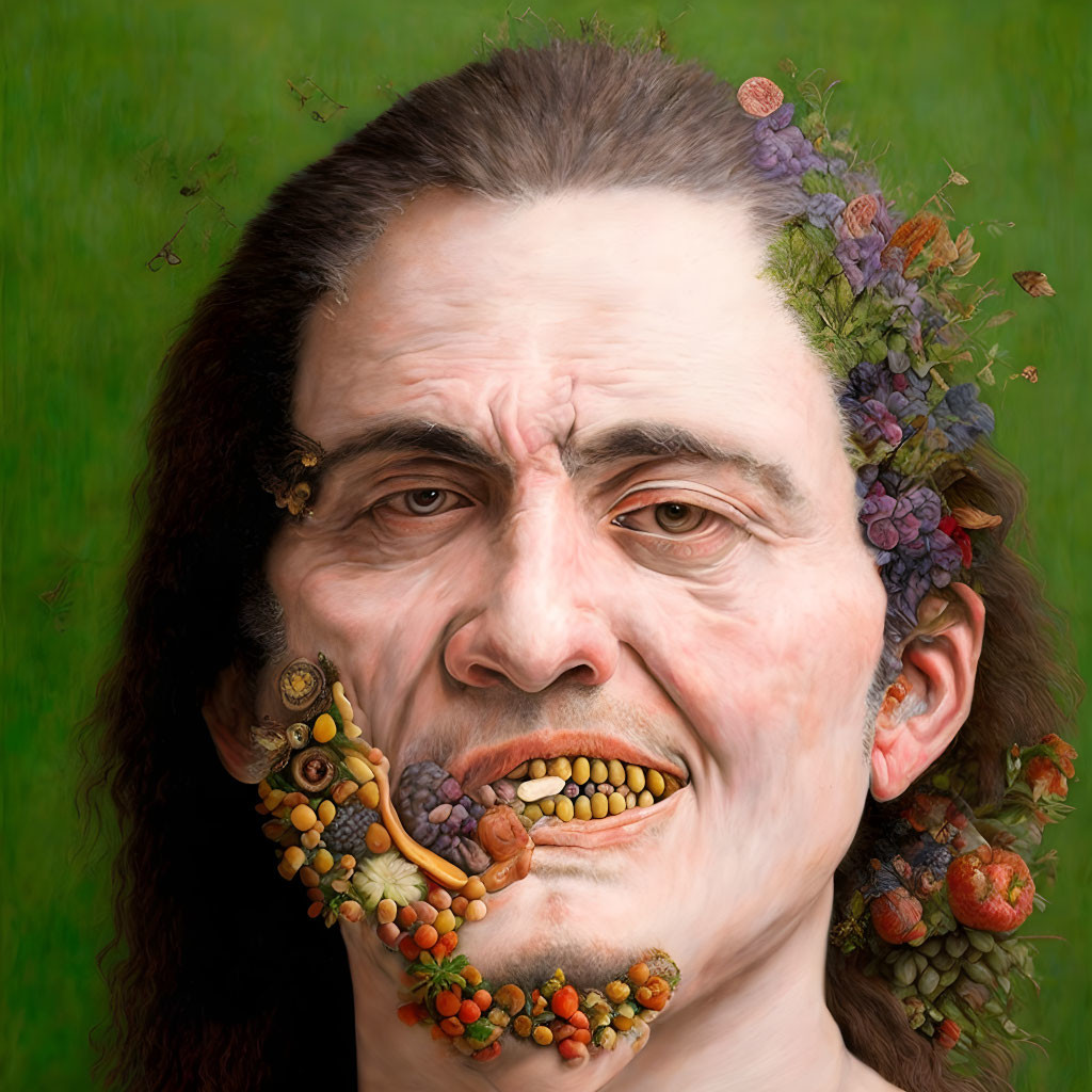 Surrealist portrait featuring fruits, berries, and flowers on half face