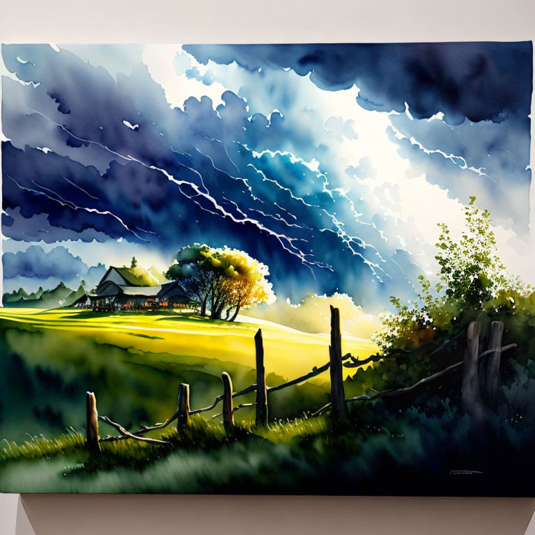 Stormy Sky Painting of Countryside Landscape with House, Tree, and Fence