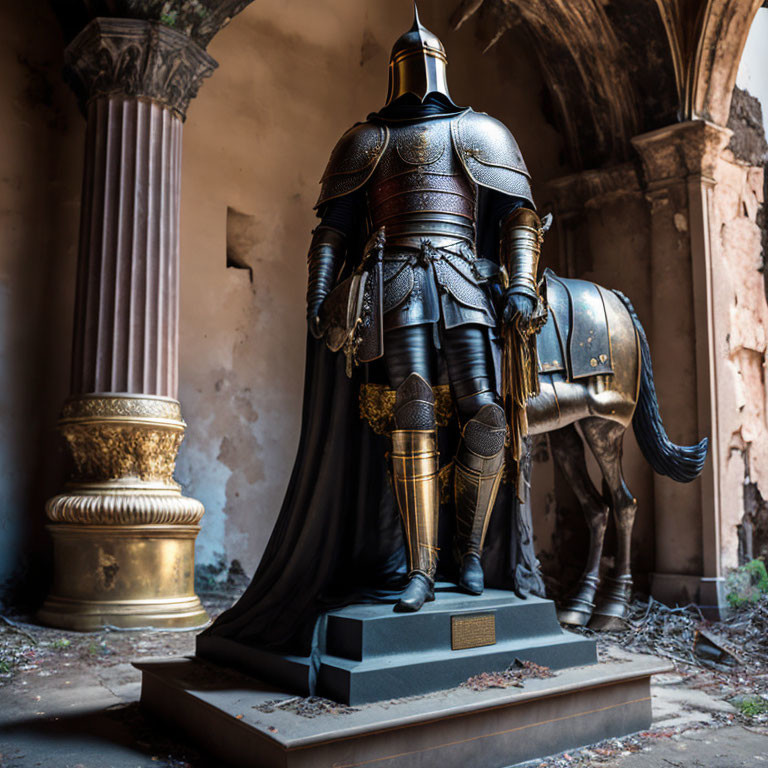 Black and Gold Accented Armor on Pedestal in Dilapidated Room