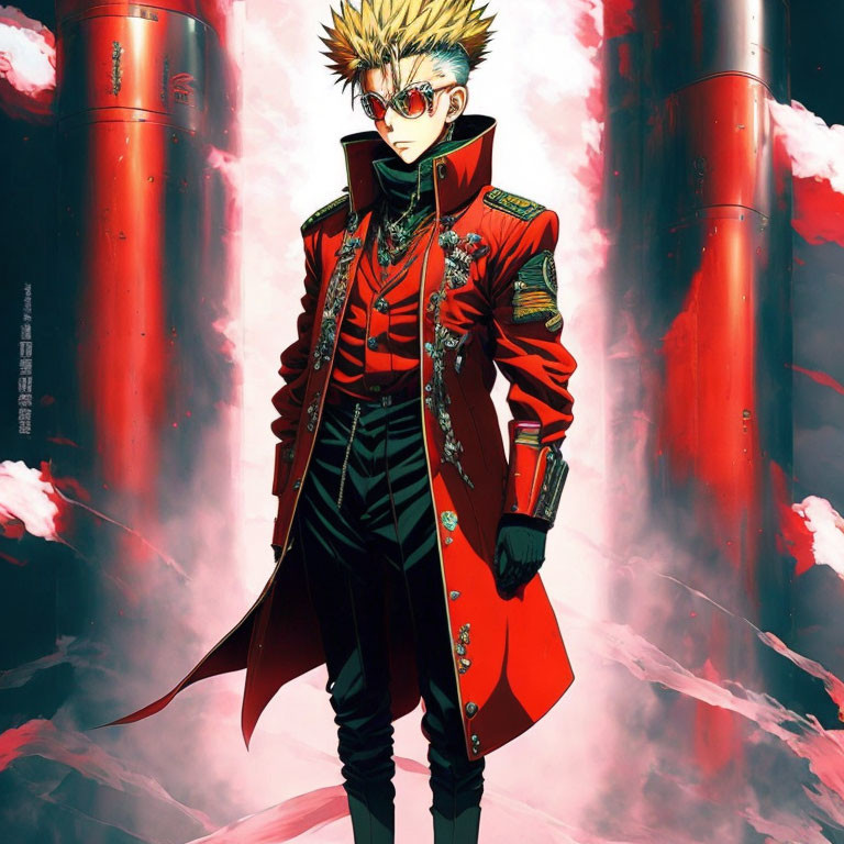 Stylized anime character with spiky blonde hair in red military coat