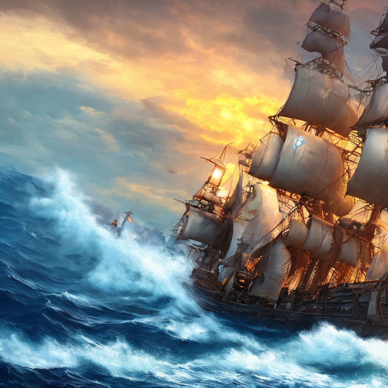 Sailing ship with billowing sails on tumultuous ocean waves at golden sunset