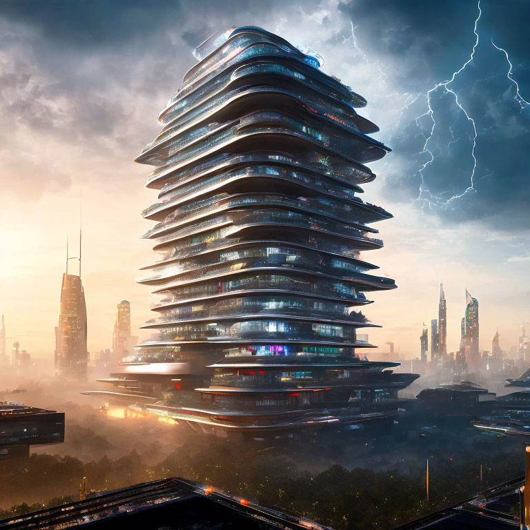 Futuristic skyscraper with terraced floors in stormy cityscape