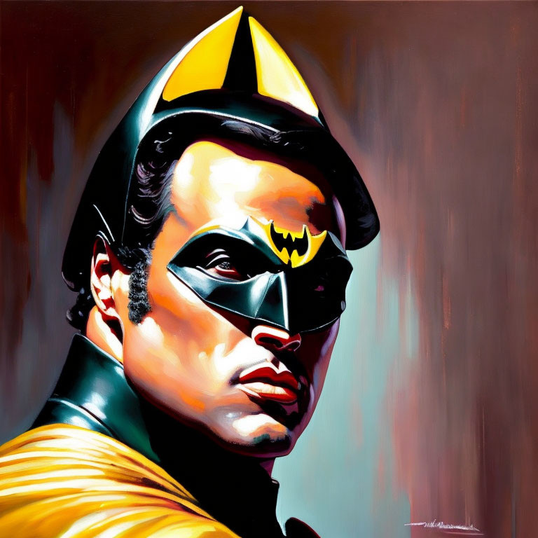 Artistic portrait of Batman with yellow outlined bat emblem, serious expression