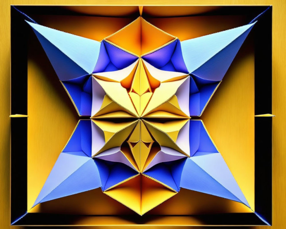 Symmetrical 3D Kaleidoscope Pattern in Blue, Orange, and Gold