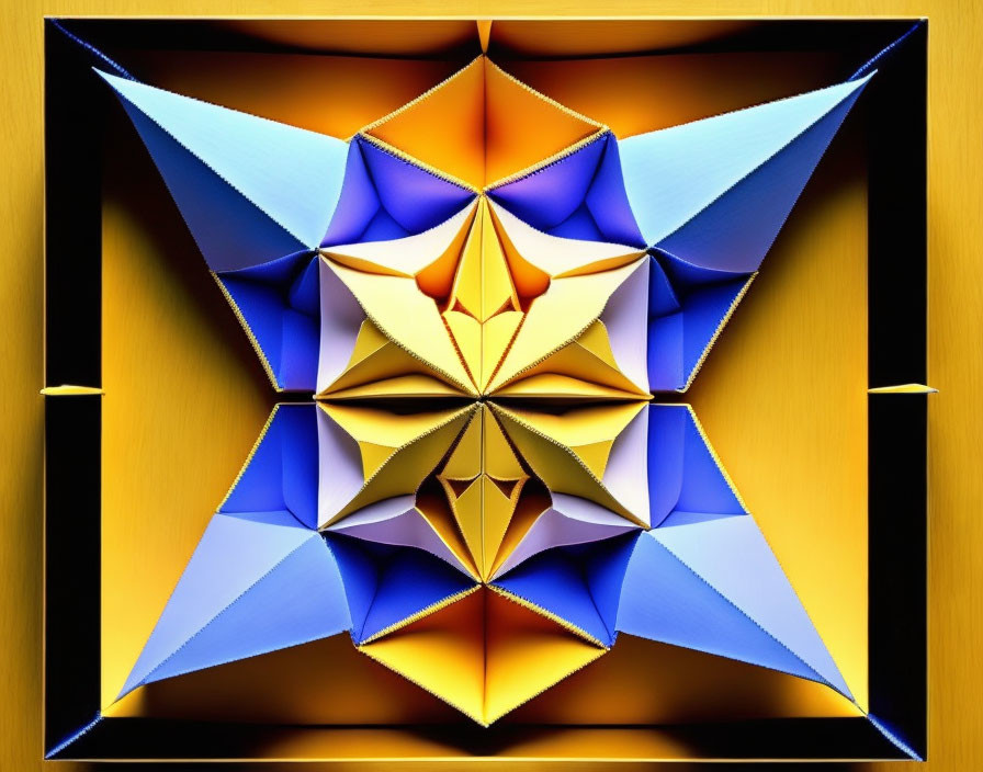 Symmetrical 3D Kaleidoscope Pattern in Blue, Orange, and Gold