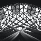 Geometric dome structure with intricate triangular and polygonal panels on dark background