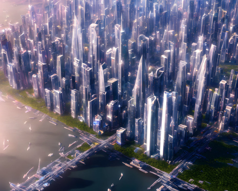 Futuristic cityscape with towering skyscrapers, waterways, and bridges