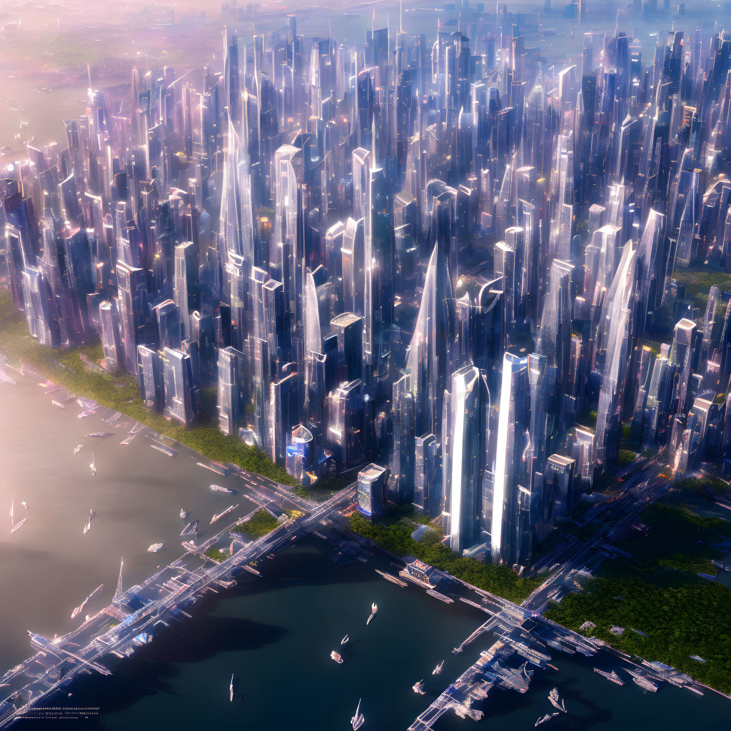 Futuristic cityscape with towering skyscrapers, waterways, and bridges