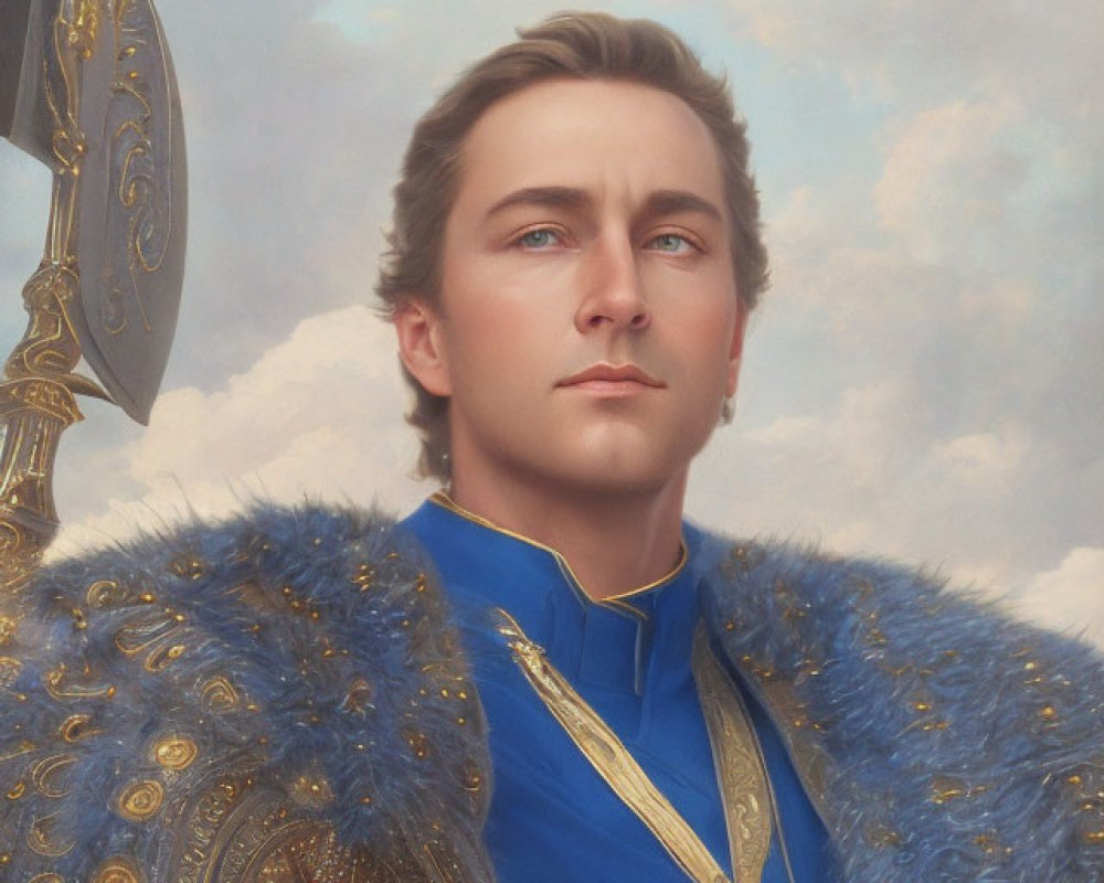 Regal Figure in Blue Uniform with Sword and Shield against Cloudy Sky