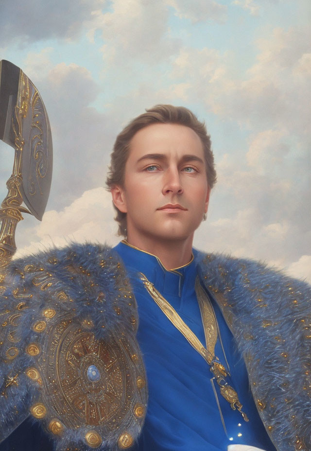 Regal Figure in Blue Uniform with Sword and Shield against Cloudy Sky