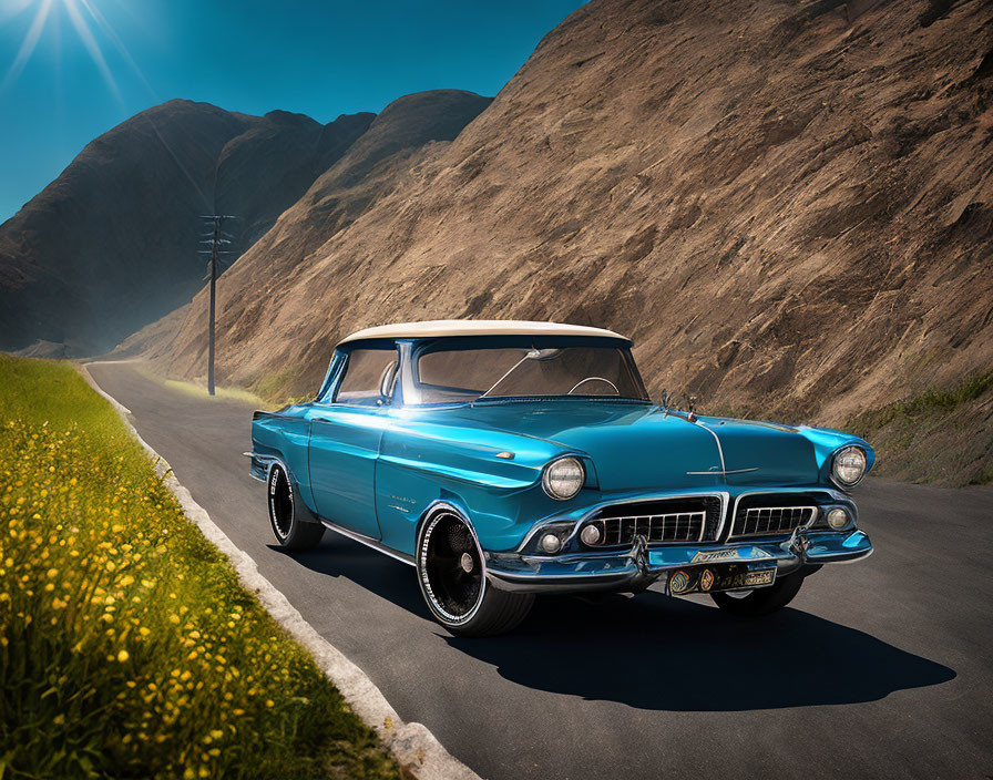 Vintage blue car with white roof on country road surrounded by nature and hills under clear sky