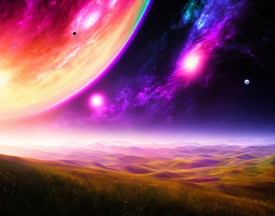 Colorful cosmic landscape with rolling hills and vibrant sky featuring nebula and planets