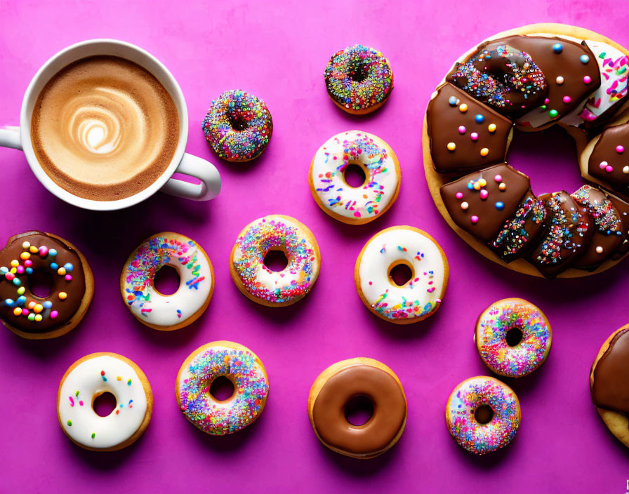 Assorted colorful donuts with sprinkles and chocolate glaze next to cappuccino on pink