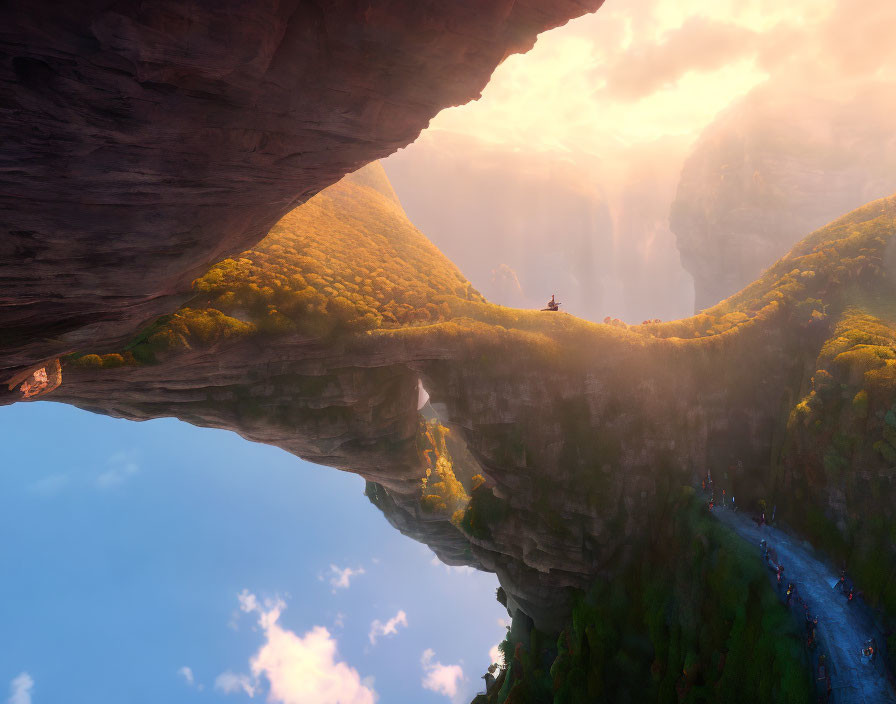 Person sitting on rocky arch overlooking sunrise-lit canyon