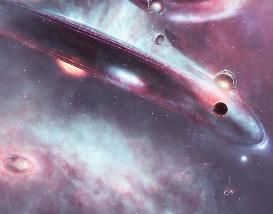 Fantastical cosmic scene with whale-like creatures in purple-pink space