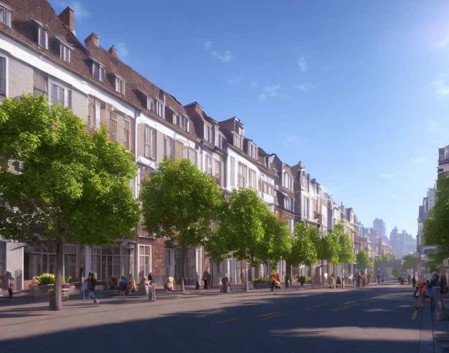 European-style buildings on tranquil city street with people and trees.