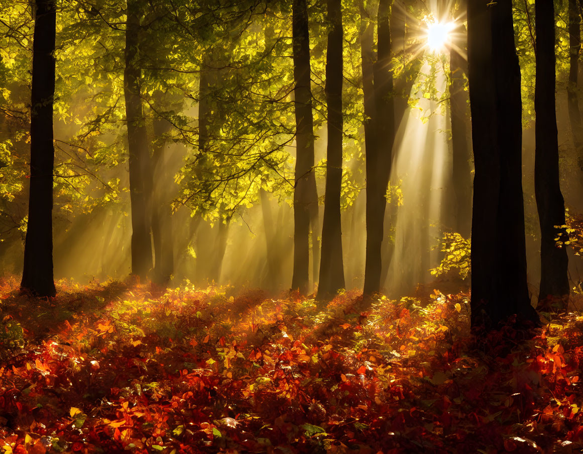 Forest scene: Sunlight on red & gold autumn leaves