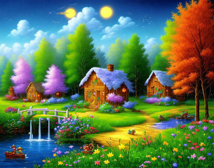 Colorful painting of whimsical village with thatched cottages, river, ducks, and bridge at