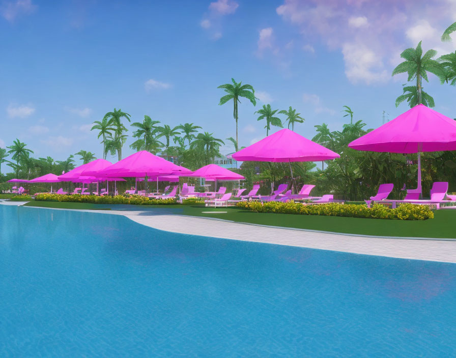 Tropical poolside scene with pink umbrellas and loungers